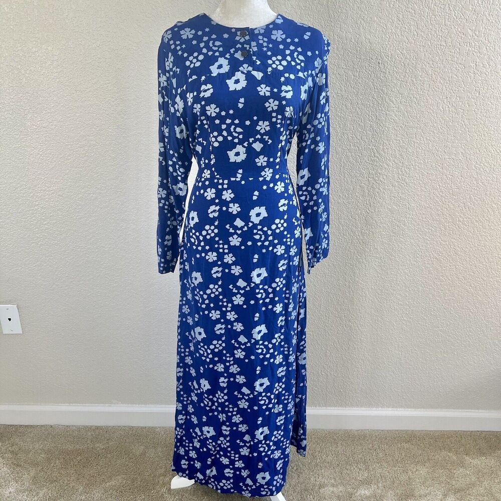 Batik Keris Dress Sz Medium Kaftan Royal Blue Floral Print Tie Waist Wax Process